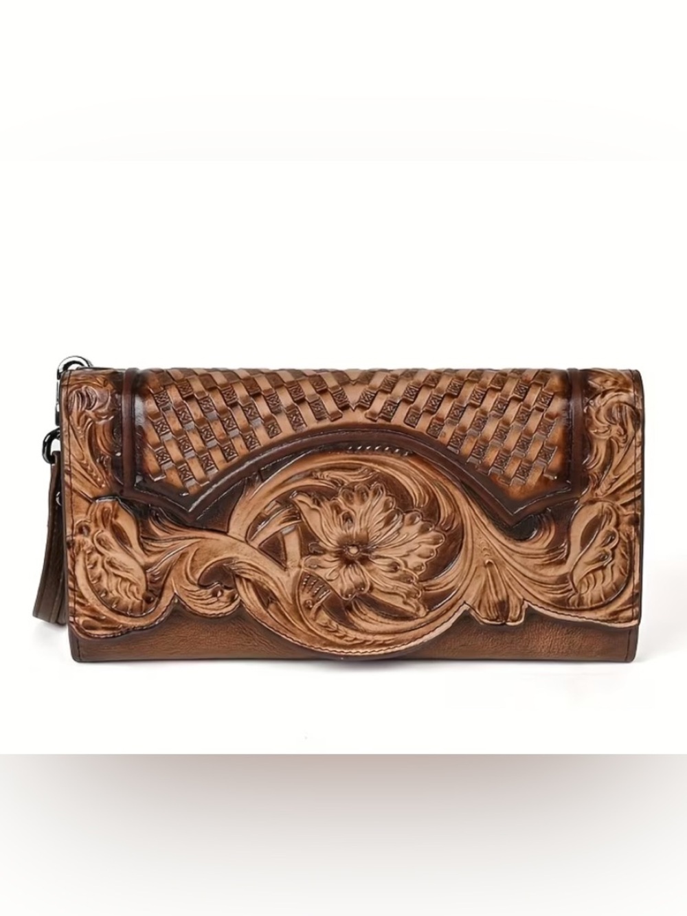 WESTERN Genuine Leather Hand Tooled Brown Wallet Wristlet